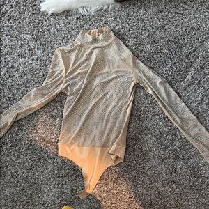 Chic Beige Rhinestone Bodysuit
